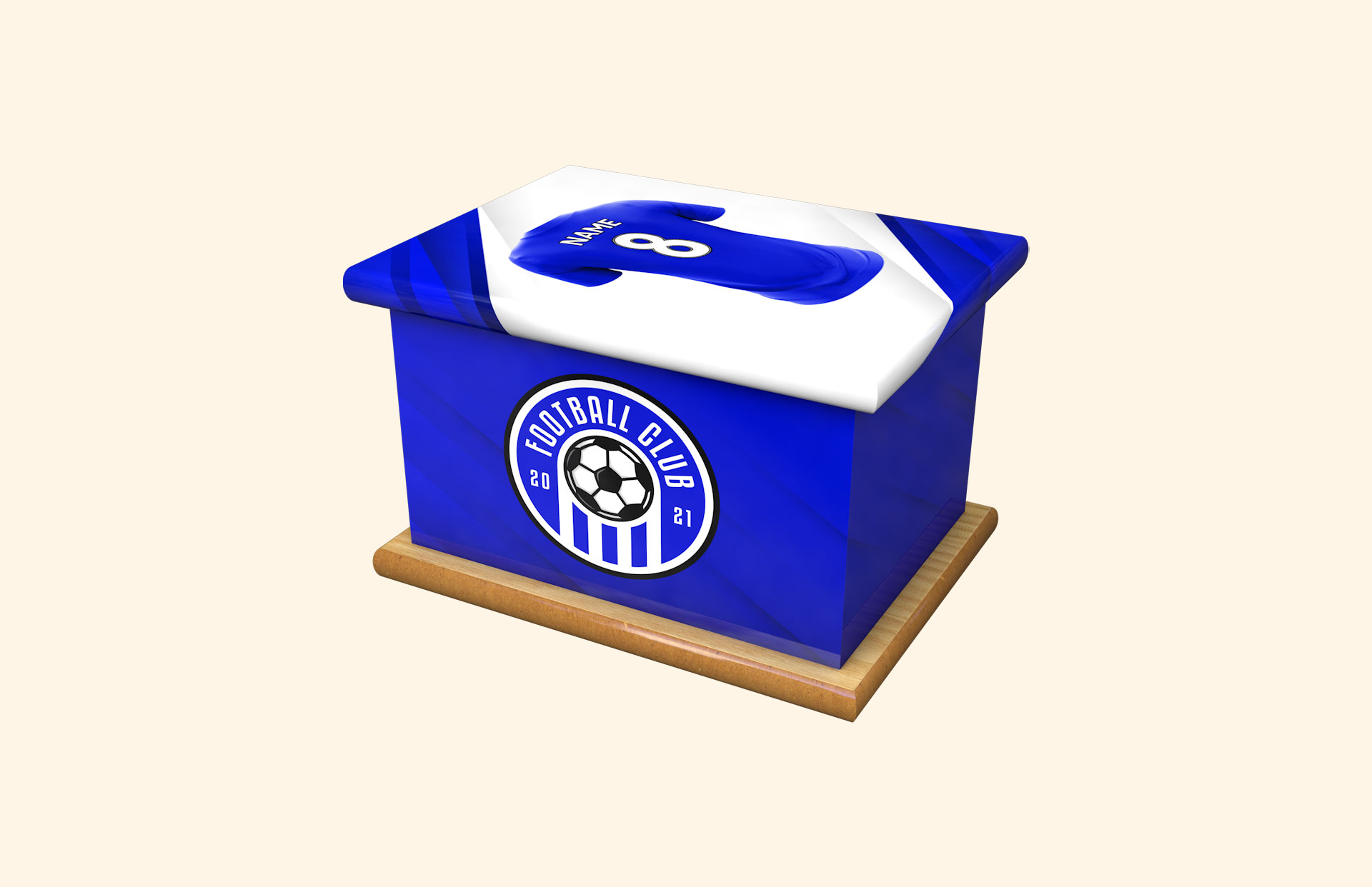 Football Fan in blue child ashes casket